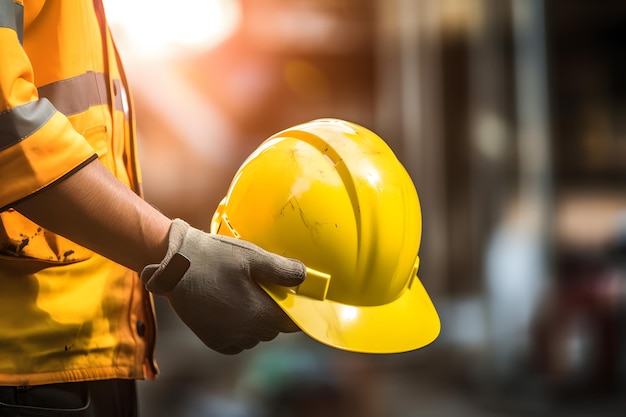 Highly Visible Safety Gear CloseUp of a Person Wearing a Hard Hat and Gloves Generative AI