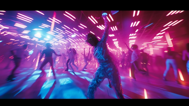 Photo highoctane club dance scene captured in a brilliant freeze frame showcasing electrifying neon lights exhilarating motion and the contagious energy of vibrant dancers