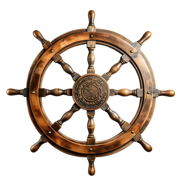 Photo highquality closeup stock image of wooden ship wheel with exquisite medallion for nau