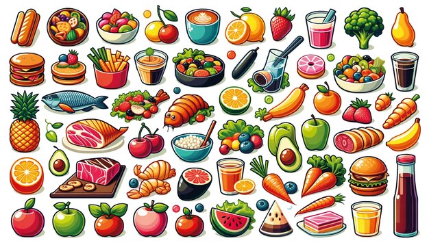 Photo highquality food vector set is ready each item is depicted in a vibrant and clear 2d vector style