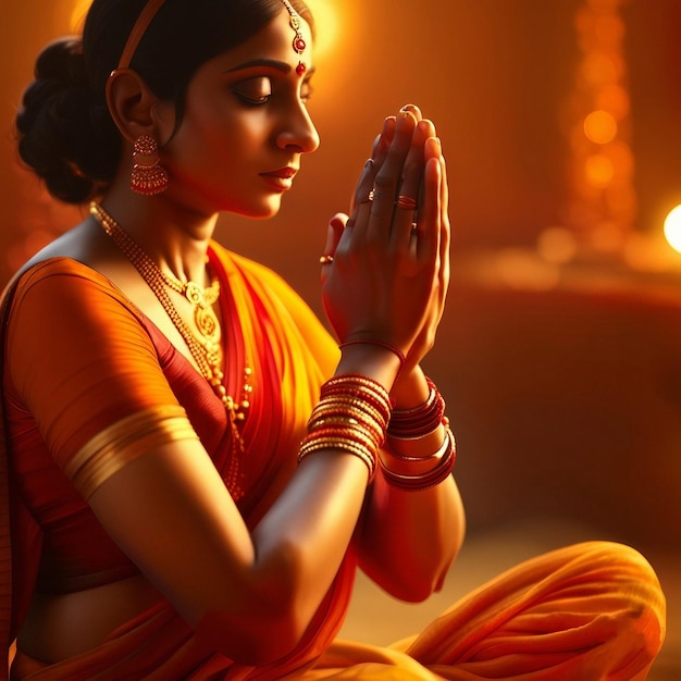 高品質のヒンドゥー教の女性の朝の儀式プージャ