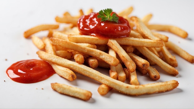 Высококачественное изображение хрустящей картошки фри с одним красным кетчупом на чистом фоне