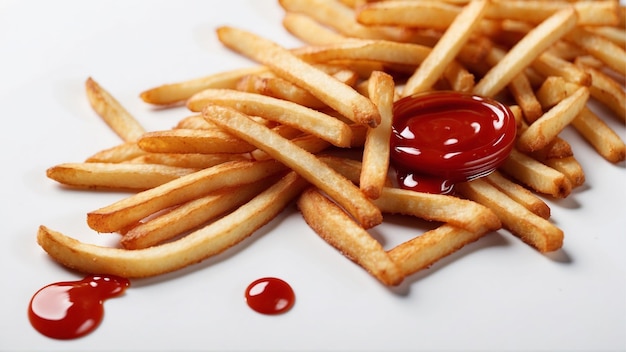 Highquality image of crispy french fries with one red ketchup on a clean background