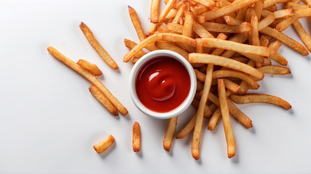 Highquality image of crispy french fries with one red ketchup on a clean background