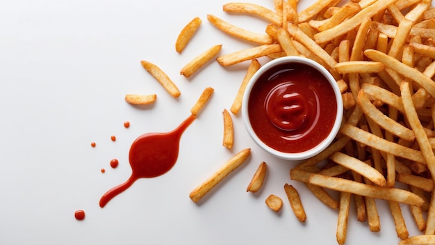 Photo highquality image of crispy french fries with one red ketchup on a clean background