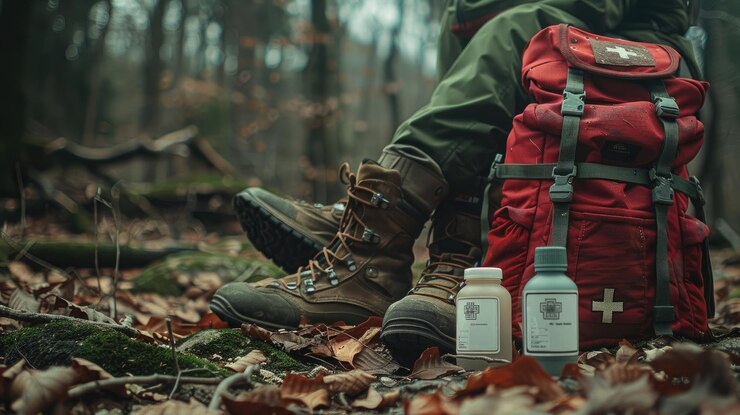 Highquality photo of a backpack with a compass and a first aid kit illustrating a navigator in the taiga and emergency medicines in a red bag with a white cross