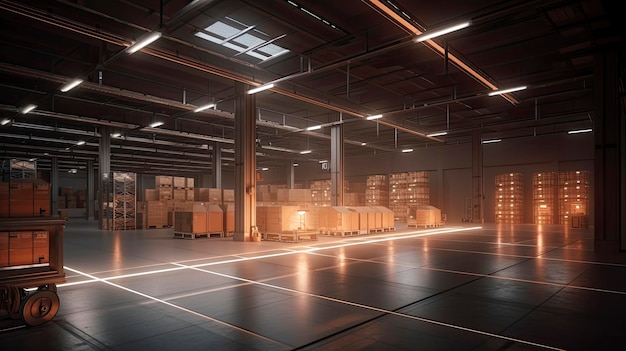 HighQuality Render of a Smart Warehouse with Light Line and Product Box AI Generated Image