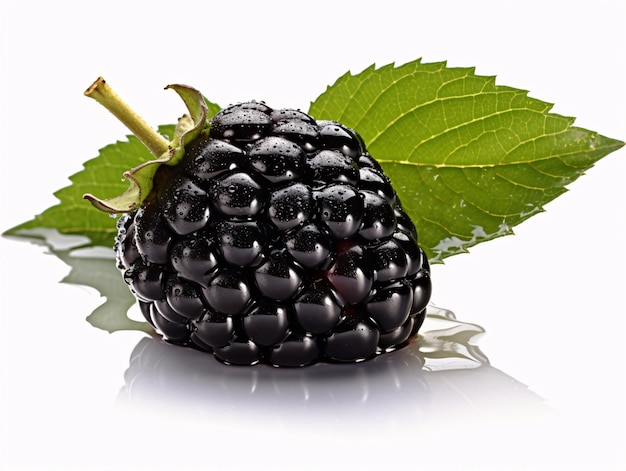 Высококачественное стоковое изображение черной ягоды с листом на белой поверхности, созданное AI