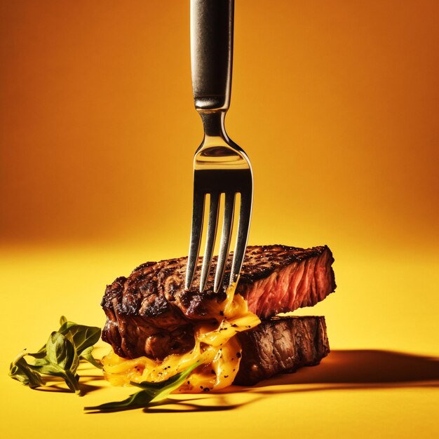 Highquality stock image of a fork stuck into a juicy piece of steak generated by ai