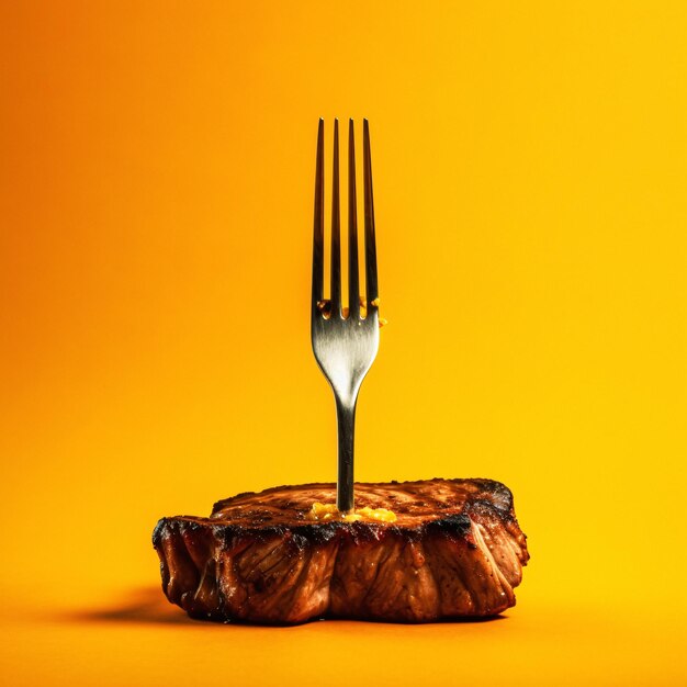 Highquality stock image of a fork stuck in a juicy piece of meat for easy access with generative ai