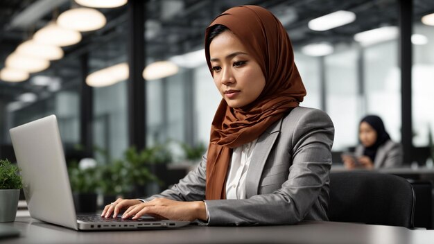 Highquality stock image of a techsavvy Asian businesswoman in hijab working on a laptop in a conte