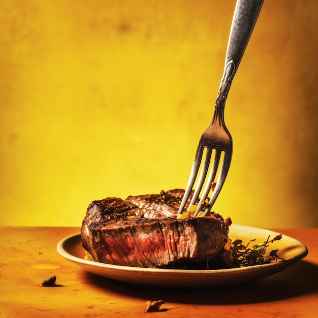 HighQuality Stock Image van een vork die in een sappig stuk steak zit, gegenereerd door AI