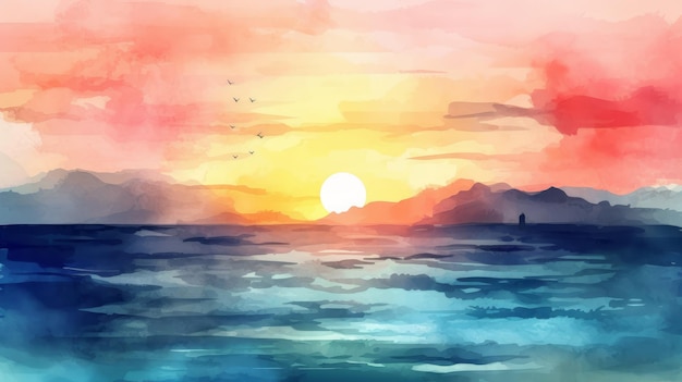 Photo highquality watercolor ocean silhouette painting