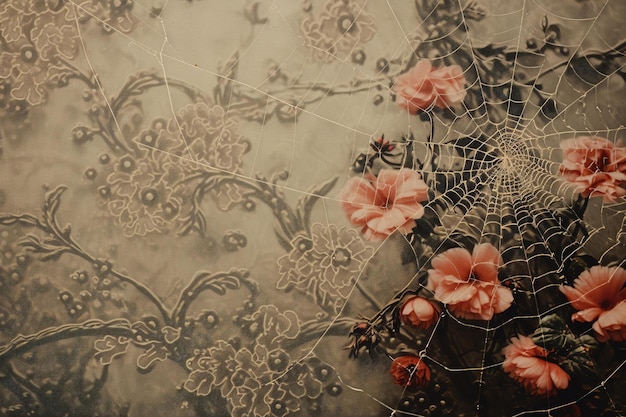 写真 ヴィンテージの花の壁紙と対照的に ⁇ 蜘蛛の網に露を捕まえる高解像度