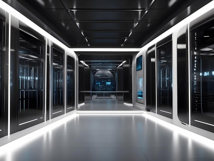 Photo highresolution digital artwork depicting a futuristic technology network server detailed and intr