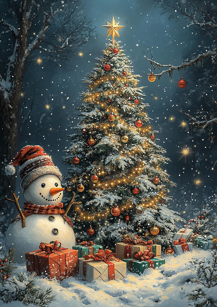 Highresolution drawing of a whimsical Christmas scene with a tree presents and a snowman all adorned with colorful decorations