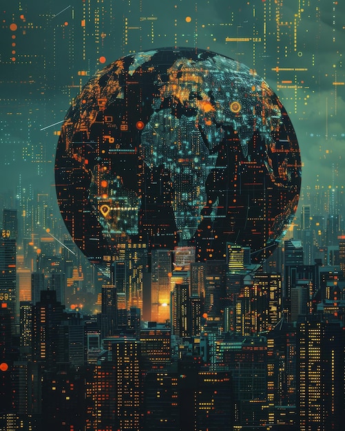 Highresolution image depicting a cityscape with a digital globe symbolizing globalism