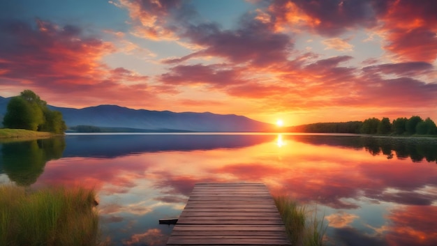 Foto immagine ad alta risoluzione di un tramonto sereno su un lago calmo con colori vivaci