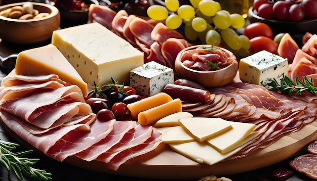 Photo a highresolution image of a wellarranged charcuterie board with cured meats and artisanal cheeses