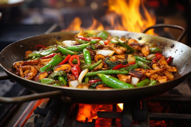 Highresolution images of sizzling stir fry in a wok