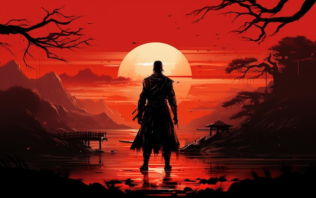 HighResolution Samurai Sunset Wallpaper Generative AI