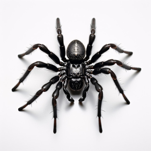 Highresolution stock image of a detailed closeup shot of a black spider on a clean white surface gen...