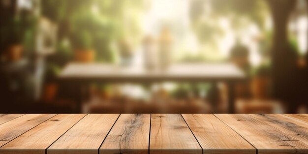 Изображение высокого разрешения деревенского деревянного стола с размытым фоном, созданное AI