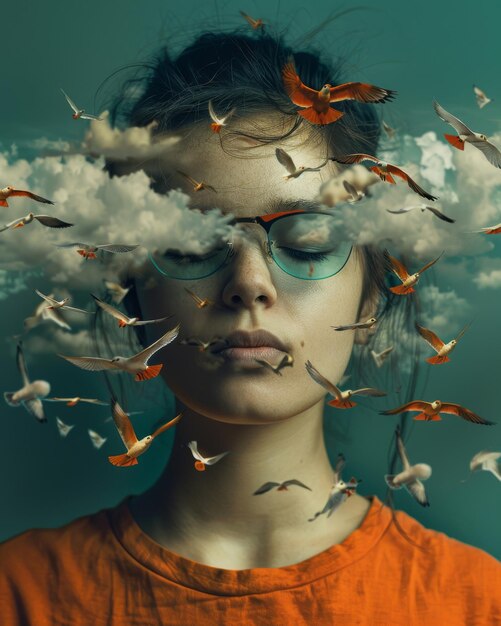 Highresolution surrealistic portrait with birds and clouds seamlessly overlapping a womans face