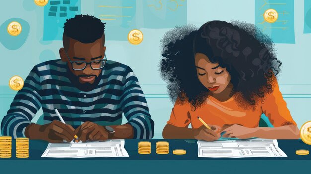 Photo highresolution vector art showing a couple making a financial plan ar 169 stylize 250 job id 36d88b2975b7450cb2d3e9f6c9b573b4