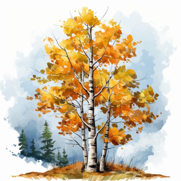 カラフルな秋のポプラの木の高解像度の水彩クリップアート