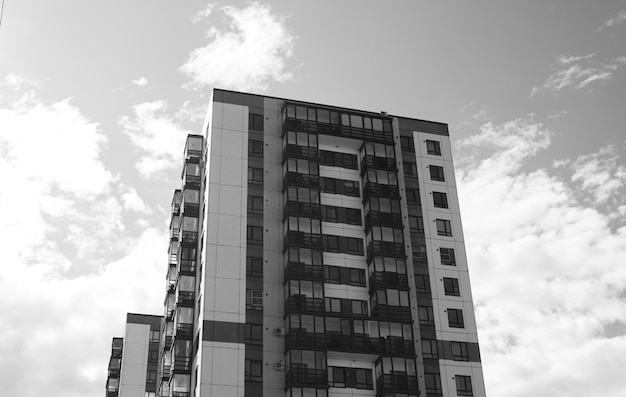 Highrise apartment buildings The area of new buildings colorless image black and white New buildings apartments