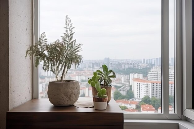 街の景色と窓辺のコンクリートの植木鉢に観葉植物を備えた高層アパート