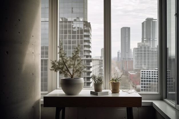 도시의 전망을 감상할 수 있는 고층 아파트와 창턱에 있는 콘크리트 화분에 있는 관엽식물