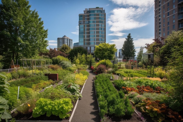 花壇と菜園のある公園の景色を望む高層アパートメント