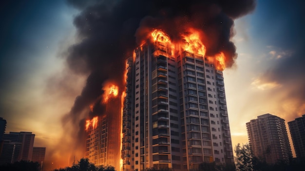 a highrise building with flames and smoke billowing from its windows emphasizing the importance of fire safety measures and emergency response protocols