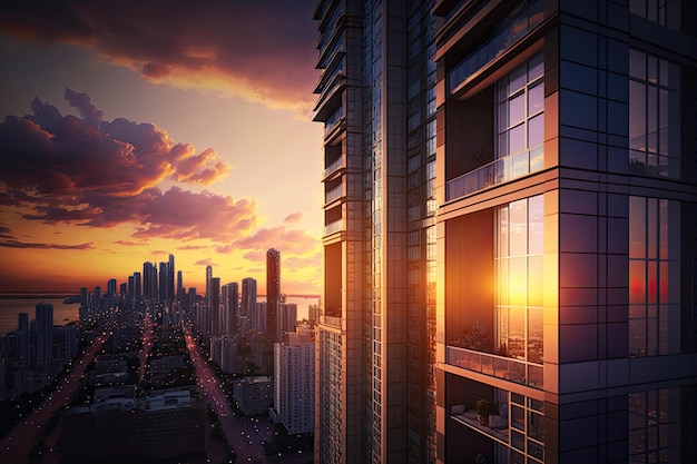 Highrise condo with view of bustling city skyline at sunset