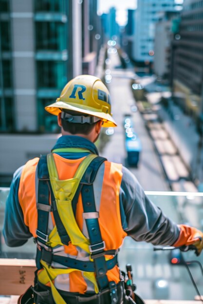 Photo highrise construction worker prepping safety harness