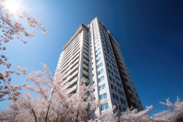 Highrise covered in blooming cherry blossoms against the blue sky