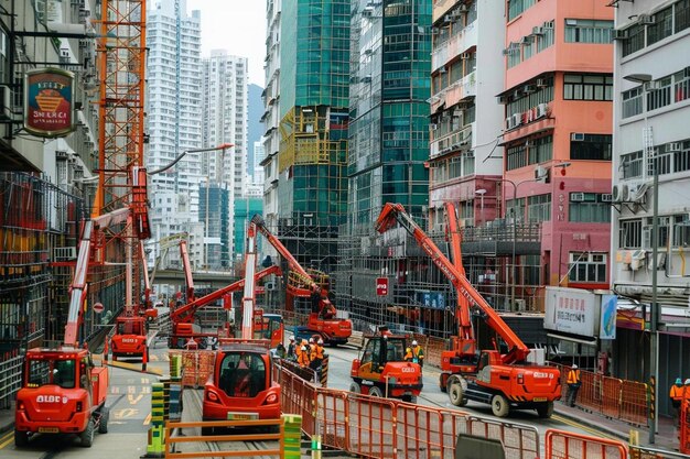 Photo highrise helpers boom lifts in urban landscapes