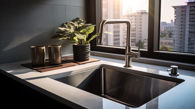 Highrise living Undermount kitchen sink installation firstperson perspective black stainless s