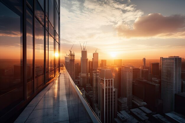 Highrise with view of sunrise and city skyline with the sun peeking over the horizon