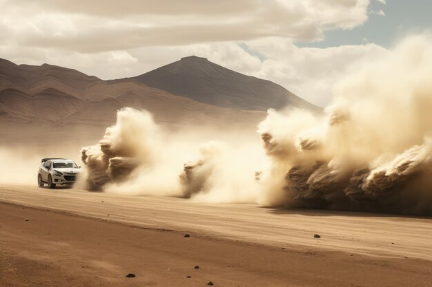 Highspeed auto racing in een uitgestrekt woestijn landschap de brullende voertuigen schoppen wolken van stof als ze scheuren door het dorre terrein