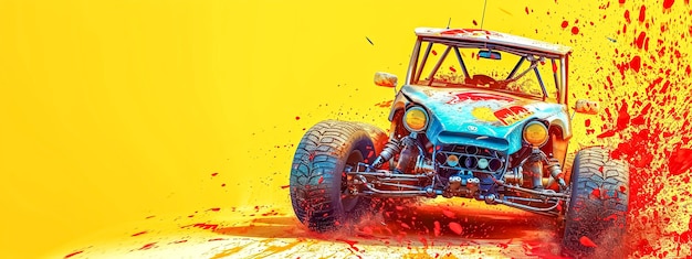 Highspeed buggy splashing through vibrant paint on a dynamic yellow background