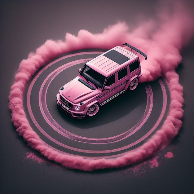 Foto auto ad alta velocità che esegue una deriva circolare con tracce di fumo rosa in un ambiente di studio