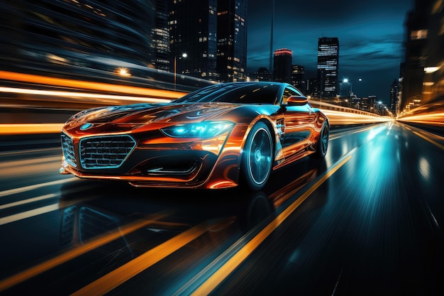 Highspeed car racing through an urban highway with intense motion blur capturing the dynamic energy and speed of the vehicle city lights streaking in the background