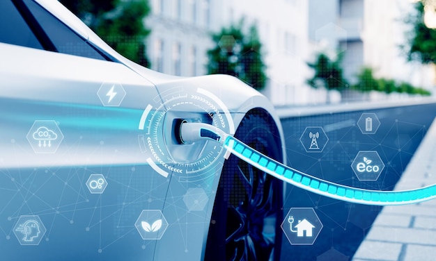 Photo highspeed charging station for electric vehicles on city streets with blue energy battery charging fuel power and transportation industry concept 3d illustration rendering