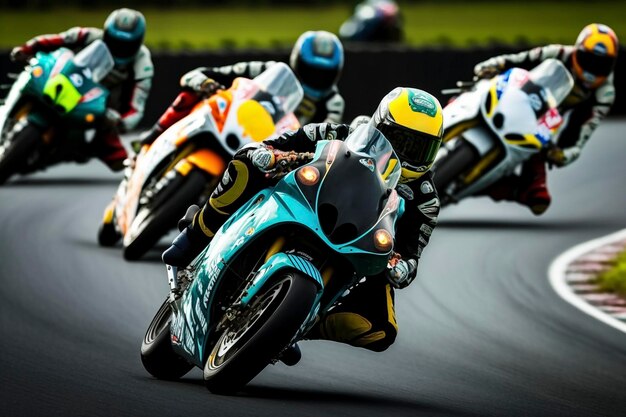 HighSpeed Cornering Motorcycle Racers Tilt in Tandem on the Track Generative AI