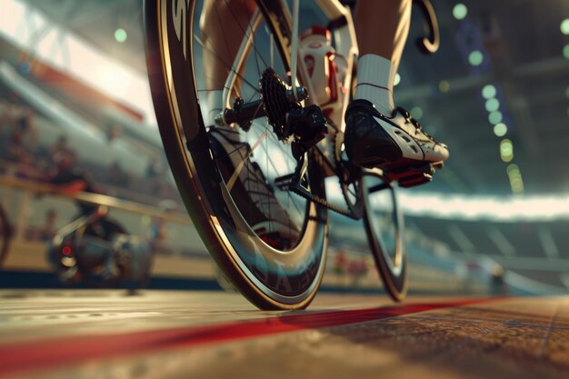 Photo highspeed cycling on olympic velodrome focus on cyclists shoes and pedals for competitive racing