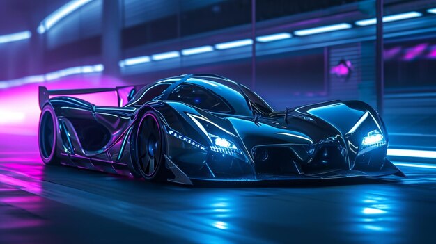 Foto un'auto da corsa futuristica ad alta velocità con fari a led che emettono un bagliore blu o viola che aggiunge