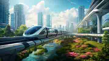 Photo a highspeed monorail zipping through a futuristic ecofriendly urban landscape